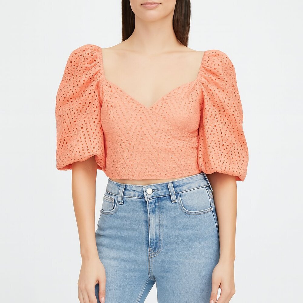 C/MEO Collective Salmon Pink Puff Sleeve Crop Top XS Party